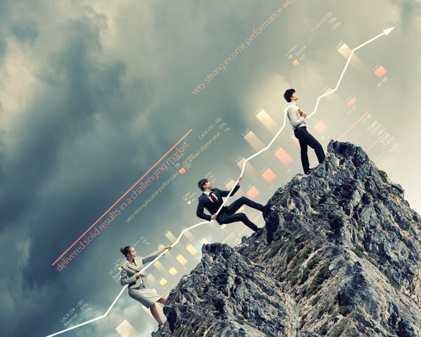 Image of young businesspeople pulling graph. Chart growth concept