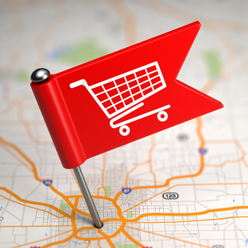 Shopping Concept - Small Flag on a Map Background with Selective Focus.-1