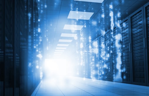 Glowing blue matrix falling in data center