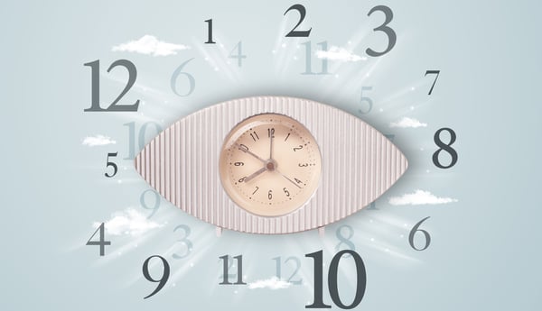 Modern clock with numbers on the side and clouds