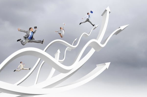 Young businesspeople jumping on white arrows. Growth concept-2